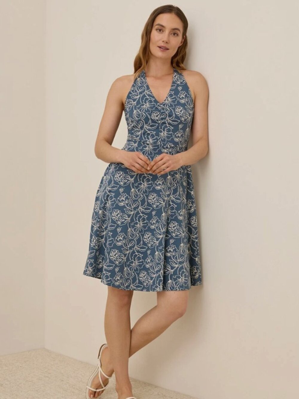 Pact Organic Fit & Flare Gathered Halter Dress Looking Glass Floral XL